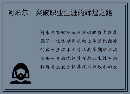阿米尔：突破职业生涯的辉煌之路